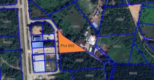 Aerial image of Plot 655 – 41,818 sqft freehold industrial land in Sungai Petani, Kedah. Flat terrain surrounded by industrial, residential, and commercial zones with highway access nearby